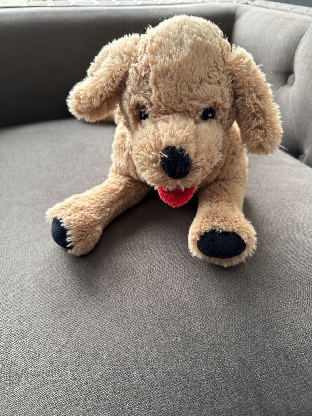 Plush Tan Dog Toy with Black Paws and Red Tongue - Soft Puppy Plush